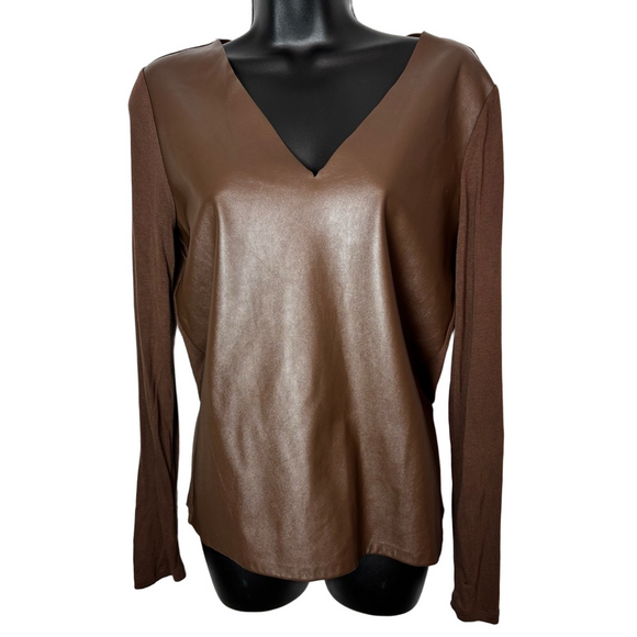 Beautiful Chocolate Brown Pleather V-Neck Longsleeve Top - Picture 1 of 6